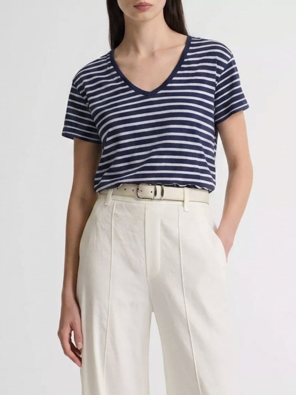 Vince Pima Cotton Variegated Stripe V-Neck Tee Navy Gray Short Sleeve T-Shirt S